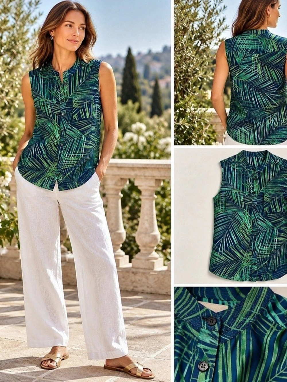 Banana Republic 100% Silk Blouse Size 8 Green Navy Palm Tropical Chic Sleeveless - Picture 1 of 10
